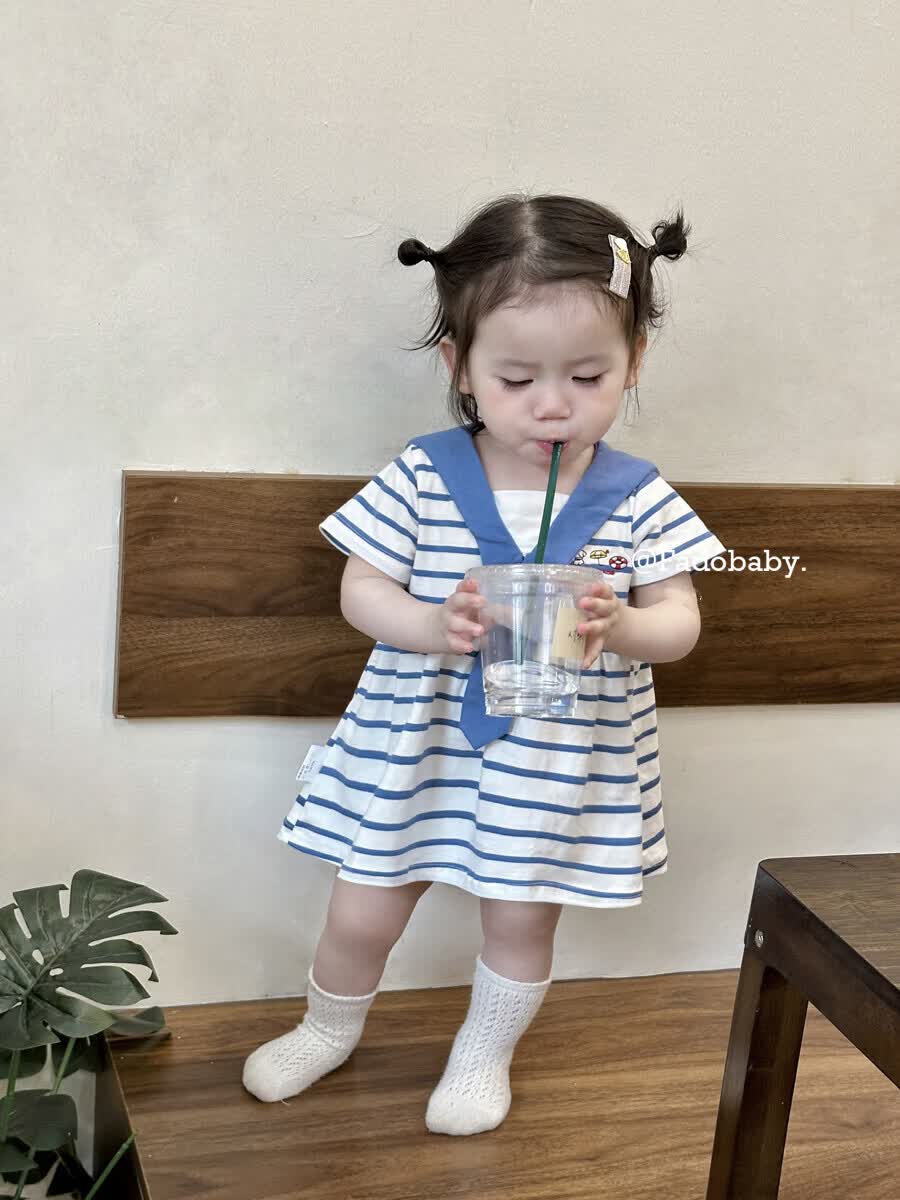 FADOBABY Girls' Navy Collar Striped Short Sleeve Summer Dress Newborn Toddler Cotton Princess Dress Summer 12